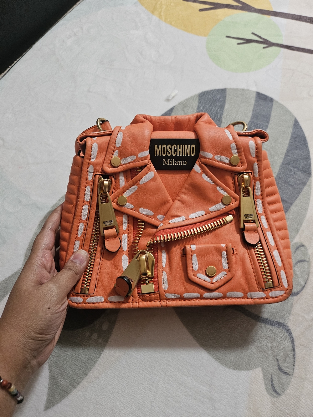 Moschino Orange Quilted Biker Jacket Mini Bag